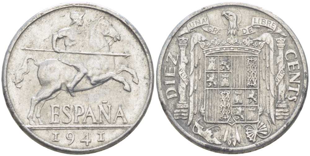 ИСПАНИЯ 10 СЕНТИМО 1941 PLUS, РЫЦАРЬ НА КОНЕ KM 766 алюминий 213-114