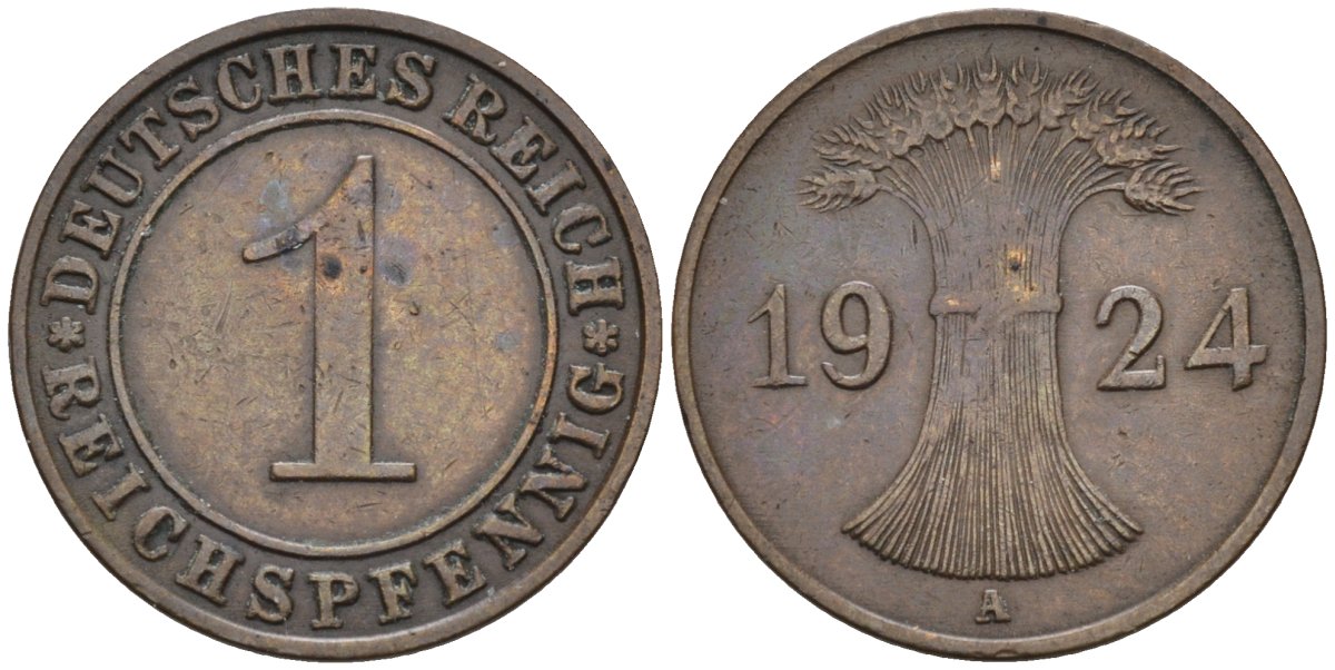 Германия 1 рейхспфенниг 1924 A KM 37, J.313, Weege 2 медь 4585-548