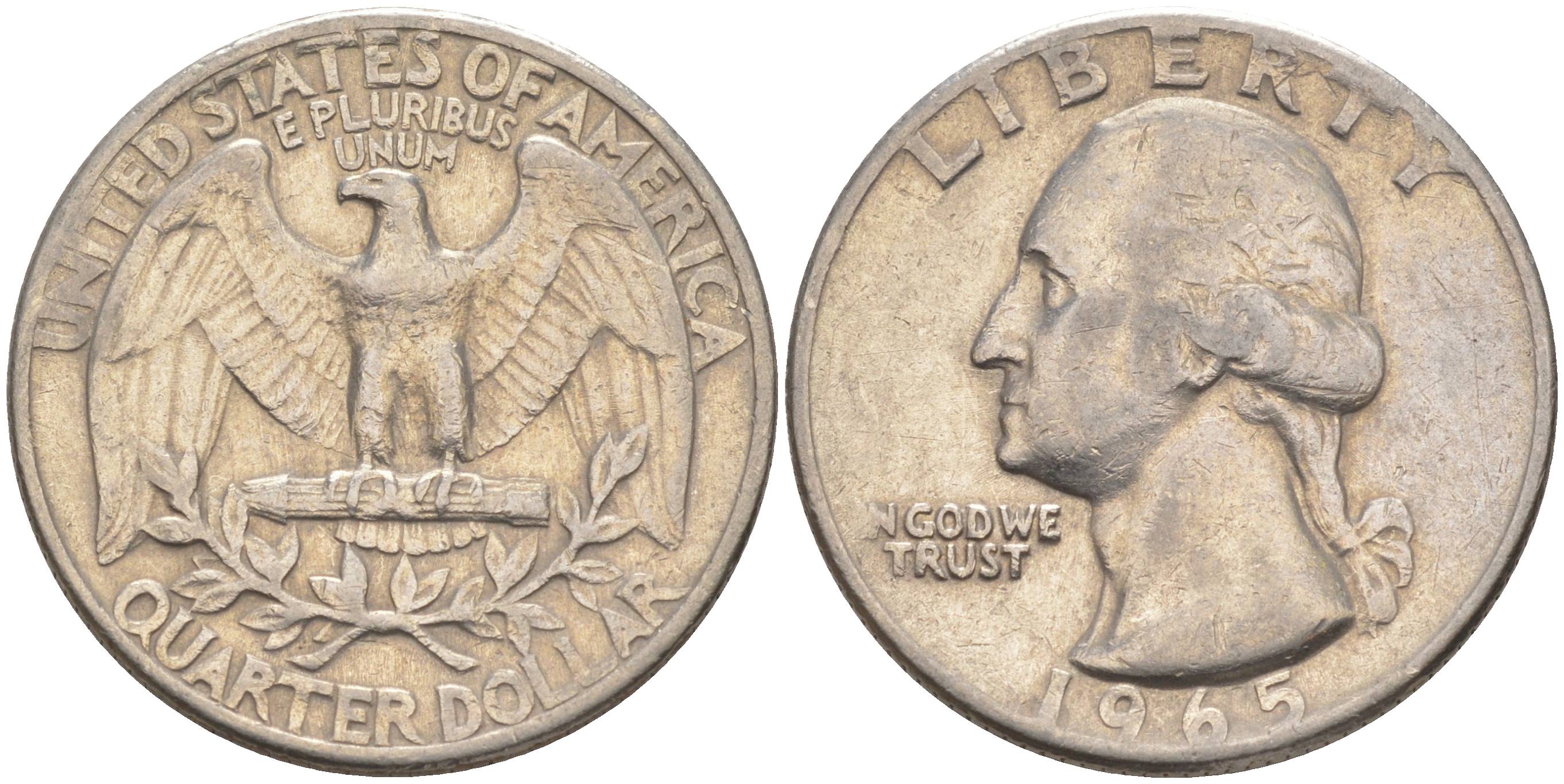 США 25 центов (квотер) 1965 Вашингтон KM 164a медь плакированная медно-никелем 08-1011