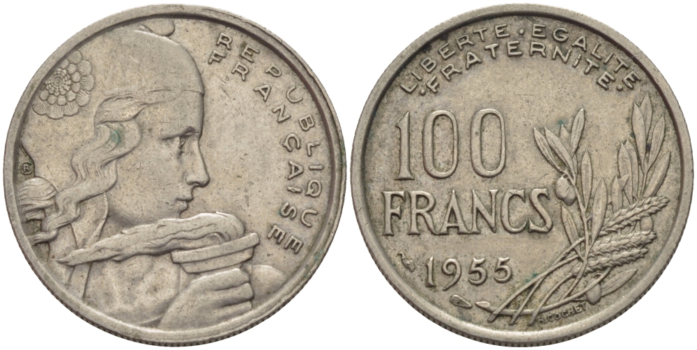 ФРАНЦИЯ 100 ФРАНКОВ 1955 KM 919.1 медно-никель 24-333