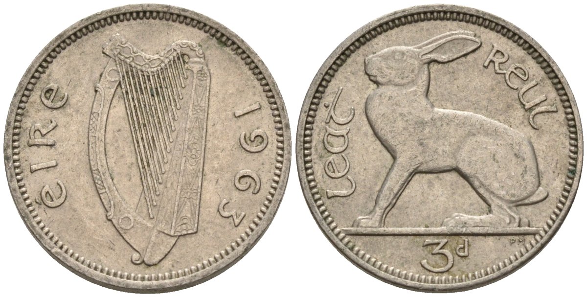 Ирландия 3 пенса 1963 заяц KM 12a медно-никель 4596-1068