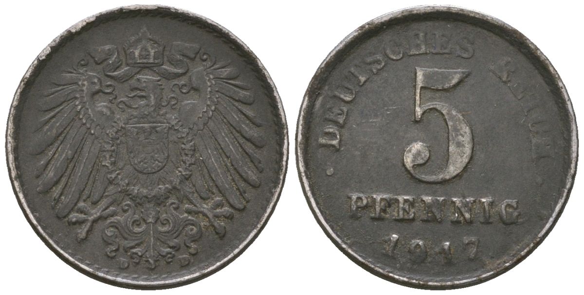 Германия 5 пфеннигов 1917 D, Вильгельм II (1888-1918) KM 19, AKS 17, J 297, Schon DM 20, Neum 33 железо 4588-259
