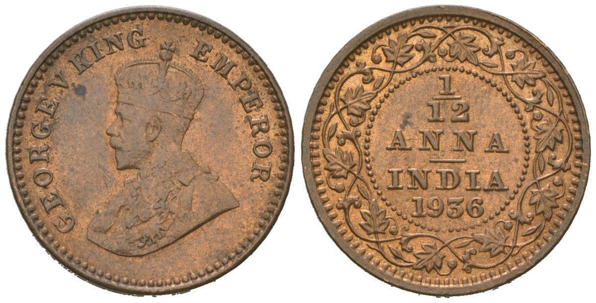 Британская Индия 1/12 анны 1936 Георг V (1910-1936) KM 509 бронза UNC 4615-944