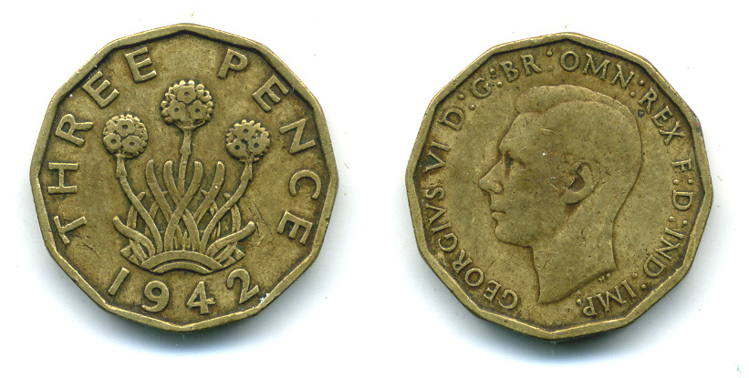 Великобритания 3 пенса 1942 Георг VI (1936-1952) KM 849, Spink 4112 никель латунь 4383-252