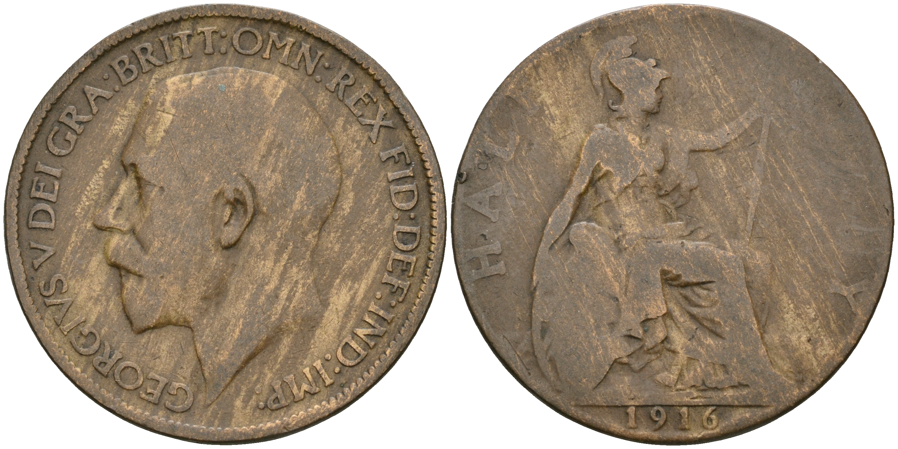 Великобритания 1/2 пенни 1916 Георг V (1910-1936) KM 809, Spink 4056 бронза    4110-432