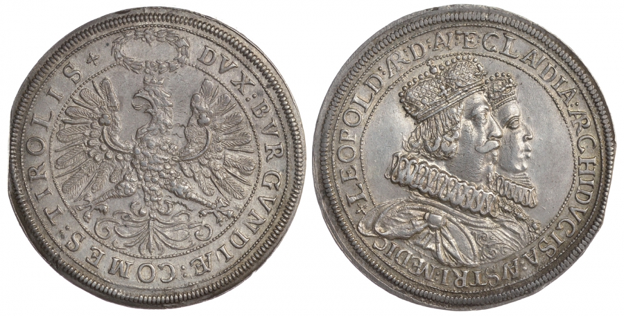 Австрия, Священная Римская империя 2 талера ND (1626) Эрцгерцог Леопольд V (1619-1632) и Клаудия Медичи Dav. 3332, KM 463 серебро 10-016-18