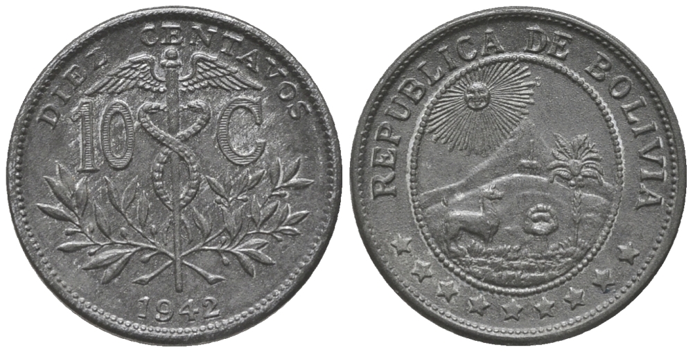 БОЛИВИЯ 10 СЕНТАВО 1942 KM 179а цинк 100-767