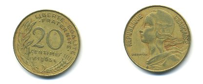 ФРАНЦИЯ 20 САНТИМОВ 1963 KM 930 медь алюминий никель 54-2012