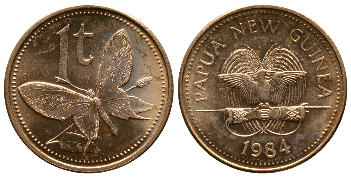 Папуа-Новая Гвинея 1 тойя 1984 бабочка KM 1 бронза UNC 261-518