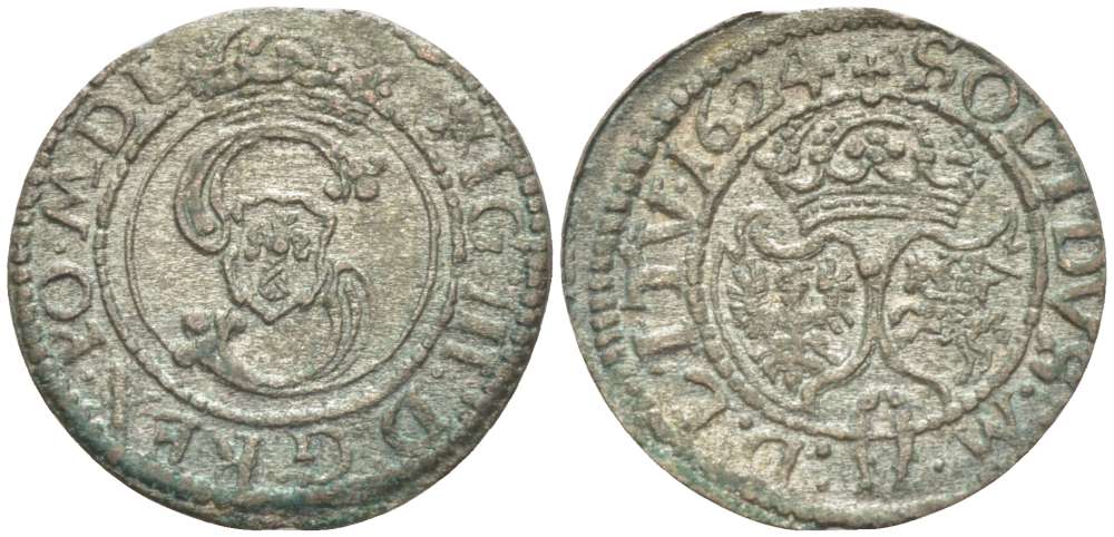 Великое княжество Литовское 2 денария 1624 Сигизмунд III (1587-1632), вес 0,60 гр. KM 31 серебро 1517-113