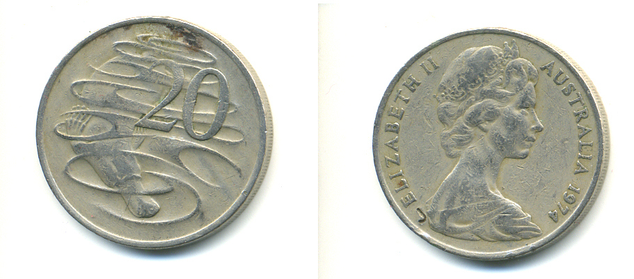 Австралия 20 центов 1974 Елизавета II (1952-2022), утконос KM 66 медно-никель 176-1111