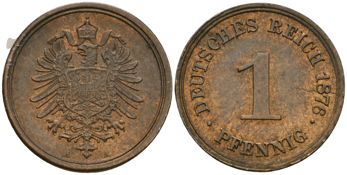 Германия 1 пфенниг 1876 A, Вильгельм I (1871-1888) KM 1, J. 1 медь aUNC 1525-345