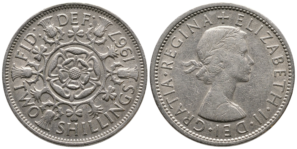 Великобритания 2 шиллинга (флорин) 1967 Елизавета II (1952-2022) KM 906, Spink 4146 медно-никель 59-1822