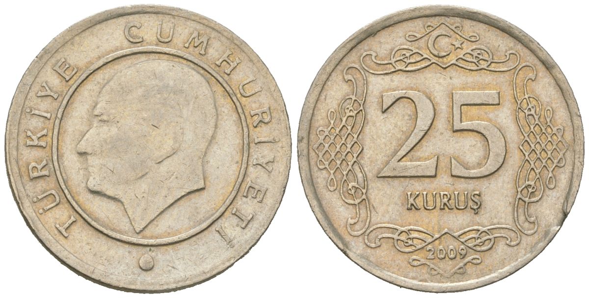 Турция 25 курушей 2009 Кемаль Ататюрк KM 1242 медно-никель 4618-427