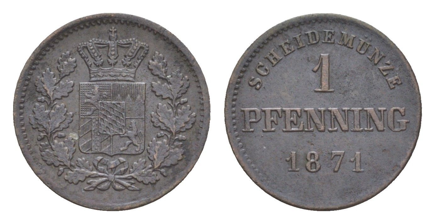Бавария 1 пфенниг 1871 Людвиг II (1864-1886) KM 856 медь 4649-467
