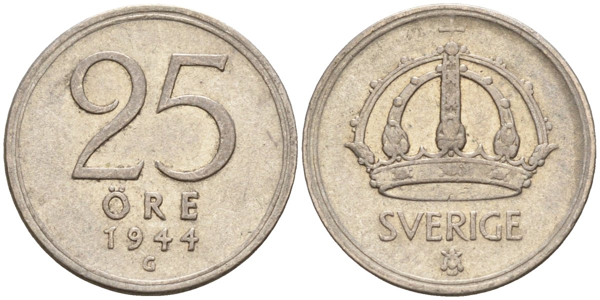 Швеция 25 эре 1944 G, Густав V (1907-1950) KM 816 серебро 4147-958