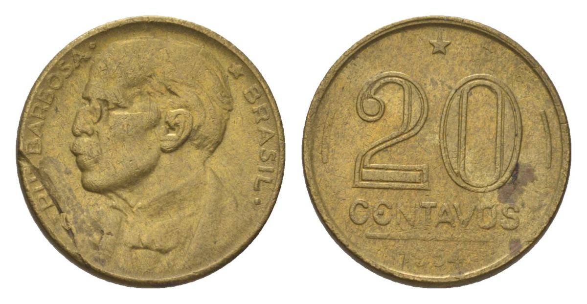 Бразилия 20 сентаво 1954 Руй Барбоза ди Оливейра KM 562 алюминиевая бронза 4625-952