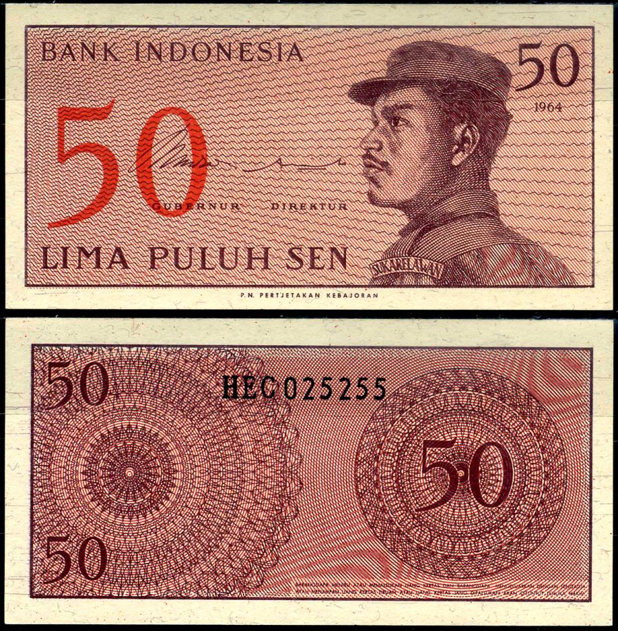 Индонезия 50 сенов 1964 доброволец Pick 94 a бумага 7116-36-2-2