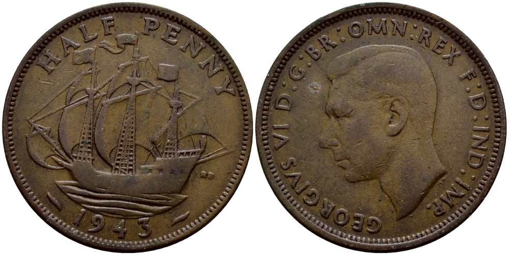 Великобритания 1/2 пенни 1943 Георг VI (1936-1952) KM 844, Spink 4115 бронза 56-1051