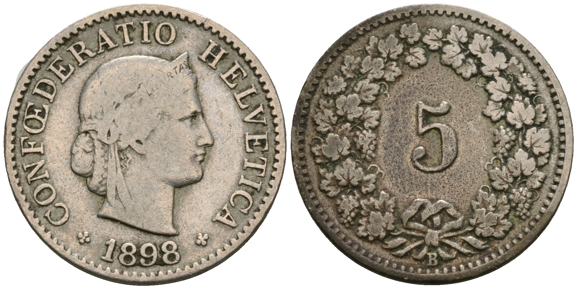 Швейцария 5 раппенов 1898 В KM 26 медно-никель 4608-1014