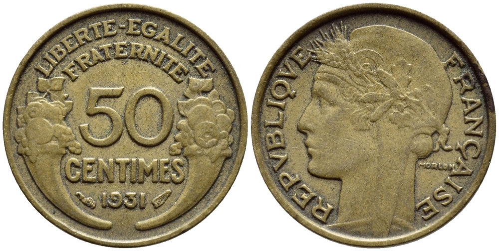 ФРАНЦИЯ 50 САНТИМОВ 1931 ТИП MORLON KM 894.1, LE FRANC 192.3 алюминиевая бронза 23-523 26-514