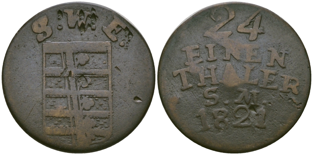 Саксен-Веймар-Эйзенах 1/24 талера 1821 S.W.E., Карл Август (1758-1809-1828) KM 92, AKS 6, J.525 серебро    99-614