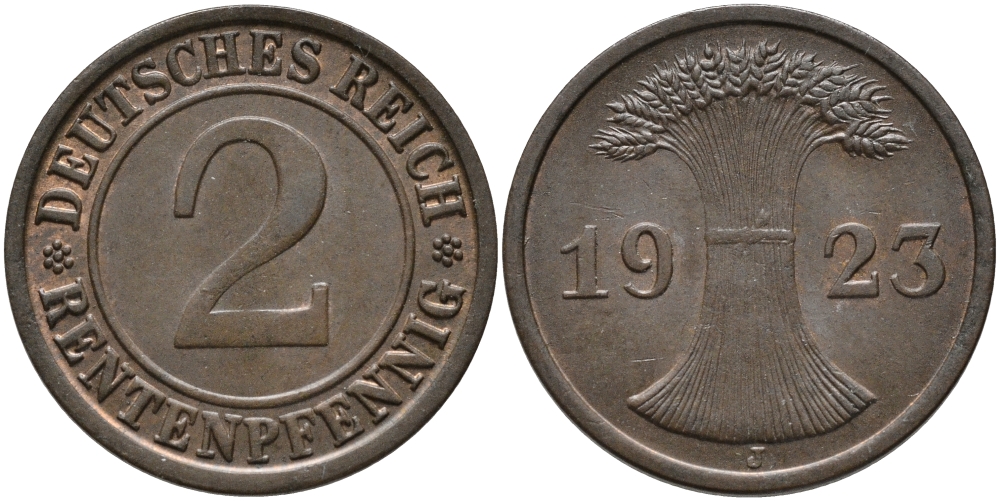 ГЕРМАНИЯ 2 РЕНТПФЕННИГА 1923 J J 307, KM 31 бронза UNC 413-3813