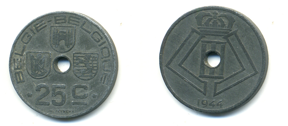 БЕЛЬГИЯ 25 САНТИМОВ 1942 BELGIE-BELGIQUE, ГЕРМАНСКАЯ ОККУПАЦИЯ, ВТОРАЯ МИРОВАЯ ВОЙНА KM 132 цинк 4379-1451