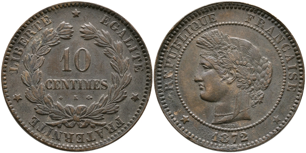 ФРАНЦИЯ 10 САНТИМОВ 1872 ТРЕТЬЯ РЕСПУБЛИКА (1871-1940) KM 815.1, LA FRANC 135.9 бронза 32-235