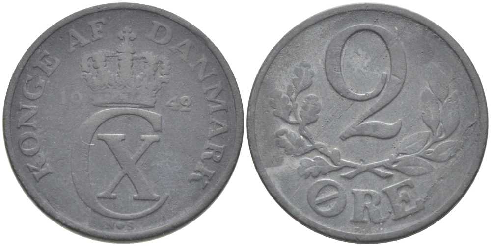 ДАНИЯ 2 ЭРЕ 1942 N;S, КРИСТИАН X (1912-1947) KM 833а цинк 202-651