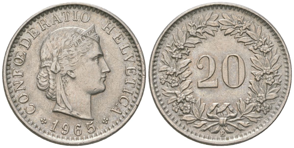 Швейцария 20 раппенов 1965 B KM 29a медно-никель 220-1245