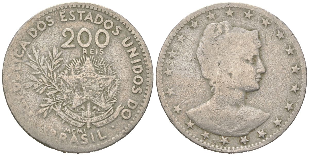 Бразилия 200 реалов 1901 MCMI, голова свободы вправо KM 504 медно-никель 4612-311