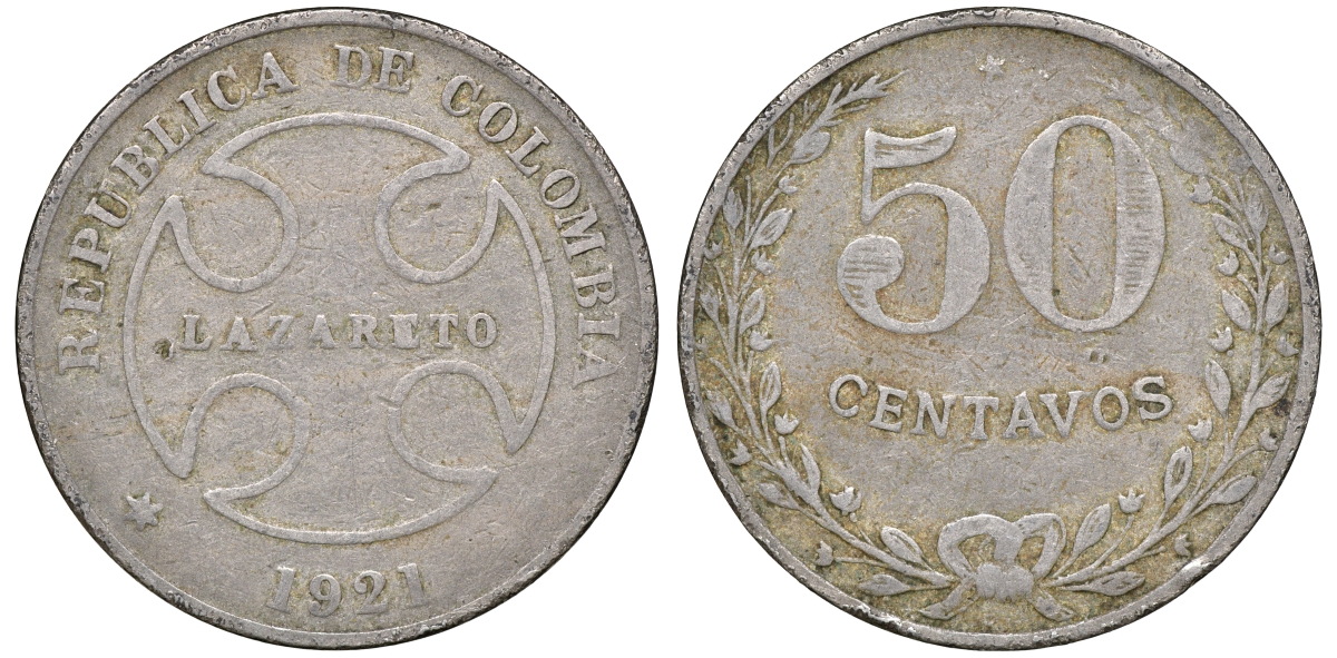 Колумбия 50 сентаво 1921 государственный лепрозорий KM L13 медно-никель 53-944