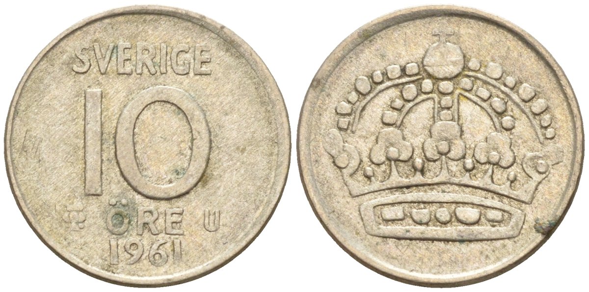Швеция 10 эре 1961 Густав VI Адольф (1950-1973) KM 823 серебро 4147-928