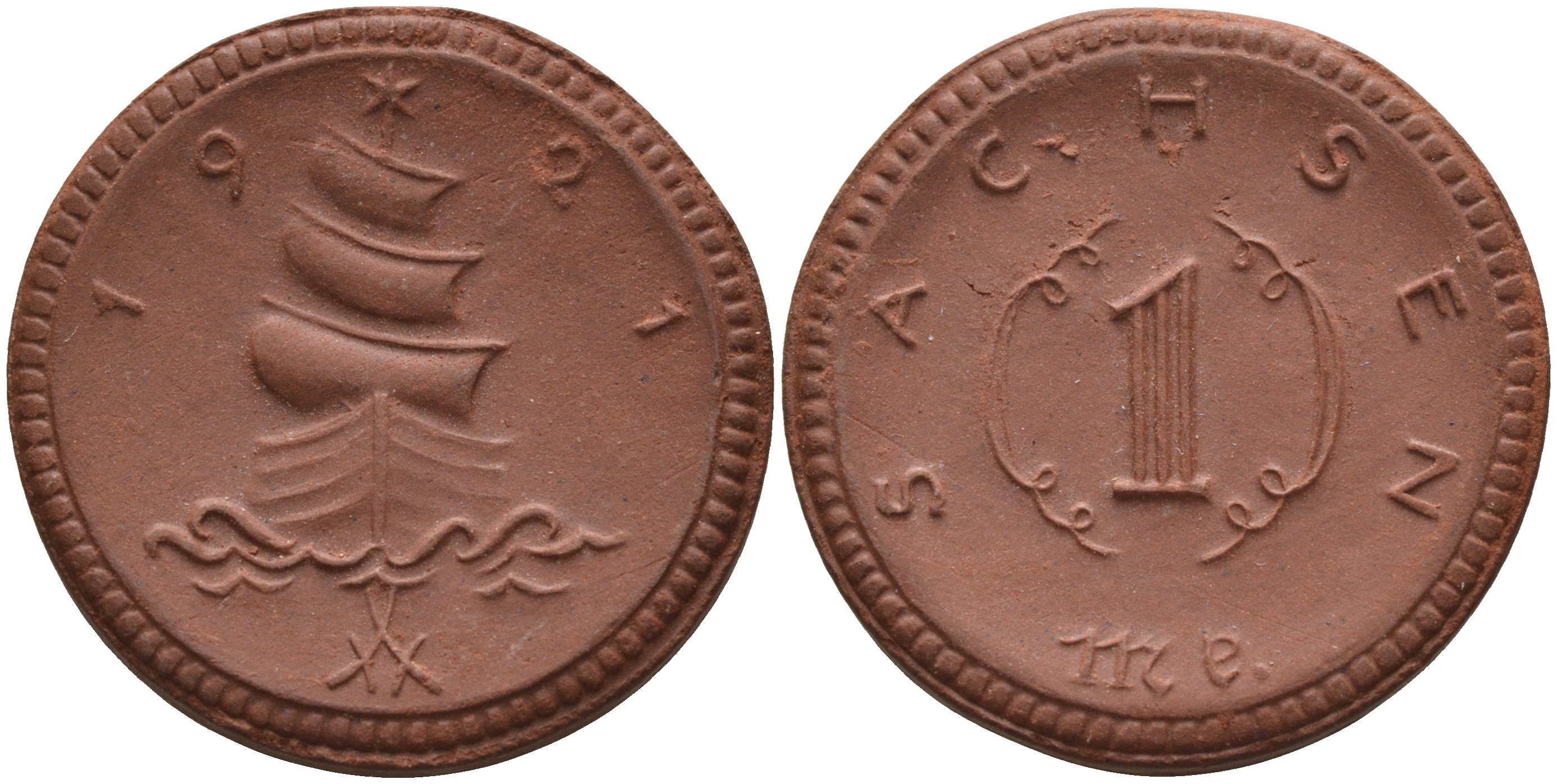 Саксония 1 марка 1921 парусник J. N 55 фарфор 1094-4-32