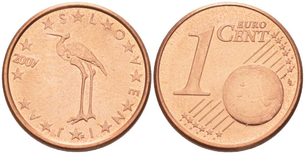 СЛОВЕНИЯ 1 ЕВРОЦЕНТ 2007 БЕЛЫЙ АИСТ KM 68 сталь плакированная медью UNC 214-414
