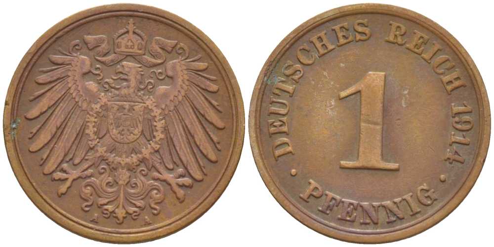 ГЕРМАНИЯ 1 ПФЕННИГ 1914 A KM 10, J. 10, Weege 2 медь 206-436