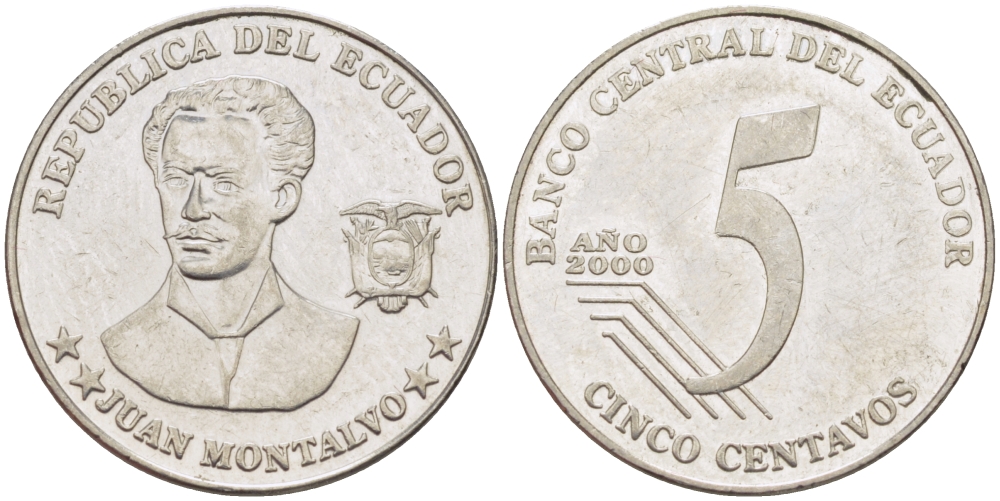 ЭКВАДОР 5 СЕНТАВО 2000 ХУАН МОНТАЛЬВО KM 105 сталь 31-331