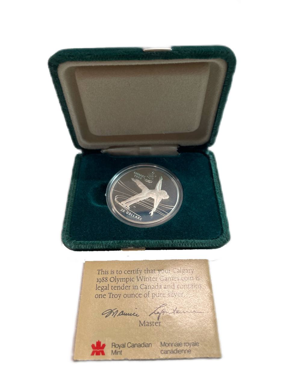 Канада 20 долларов 1987 XV зимние Олимпийские Игры, Калгари 1988 - Фигурное катание, в оригинальной упаковке, с сертификатом KM 155 серебро PROOF 8-2-01-63