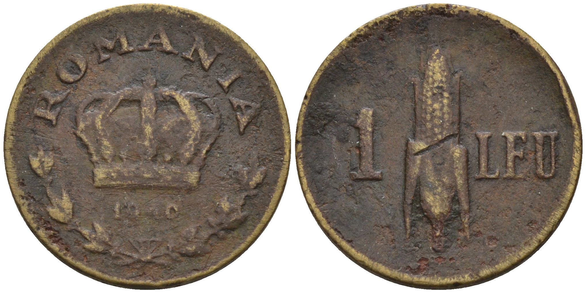 Румыния 1 лей 1940 Карол II (1930-1940), початок кукурузы KM 56 никель латунь    4602-559