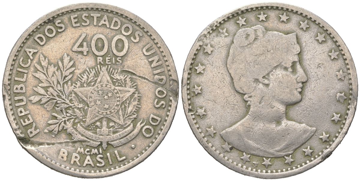 Бразилия 400 реалов 1901 MCMI, голова свободы вправо KM 505 медно-никель 4612-515