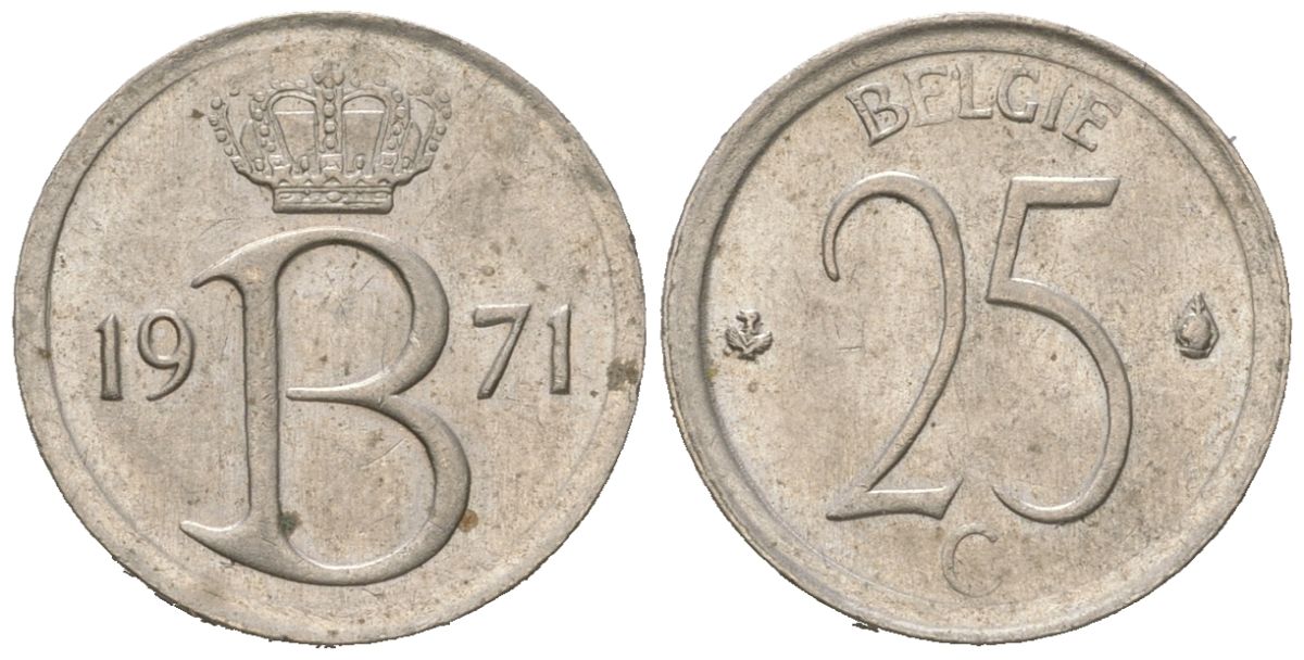 Бельгия 25 сантимов 1971 Belgie, Бодуэн I (1951-1993) KM 154.1 медно-никель UNC 261-1158
