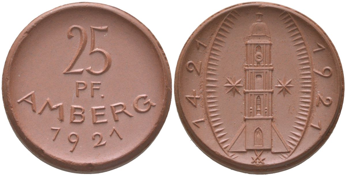 Амберг 25 пфеннигов 1921 Men05#?474.2, Men18#?649.2 фарфор UNC 00-00
