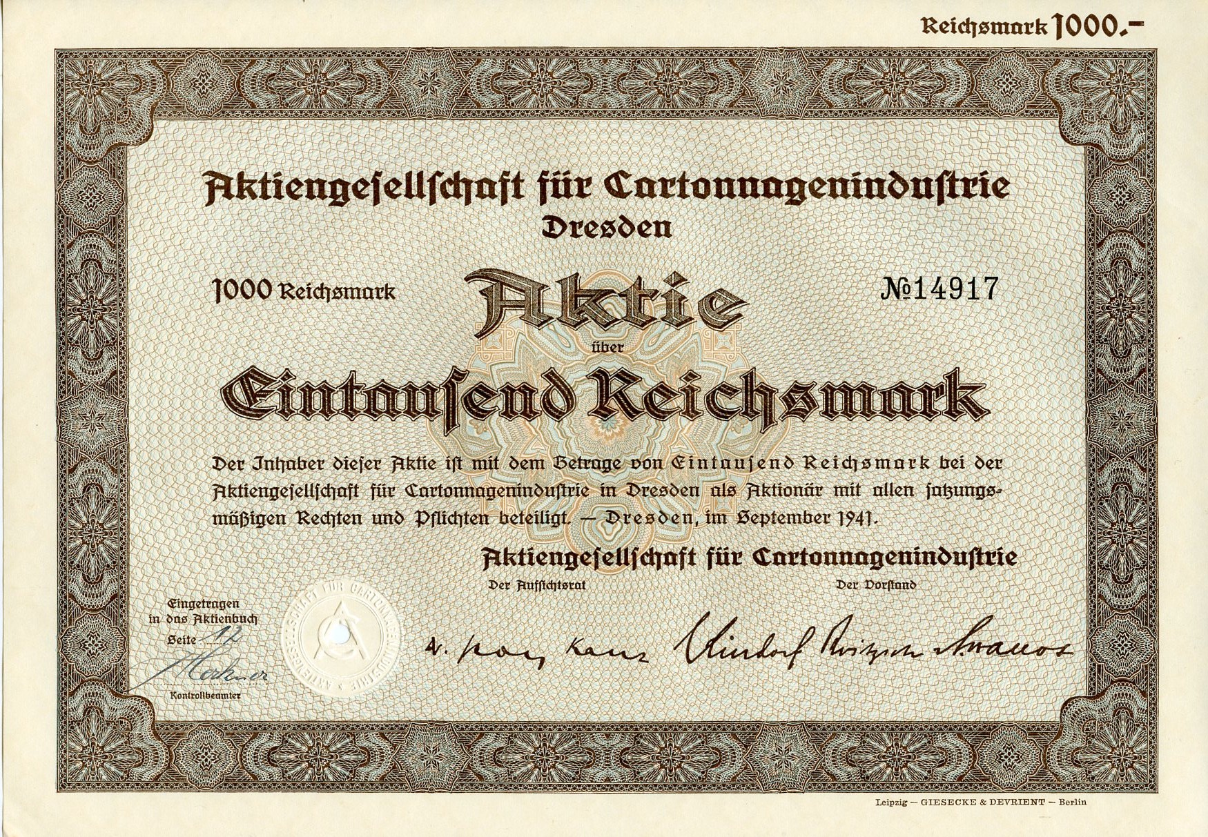 Германия 1000 рейхсмарок 1941 АО картонной промышленности, Дрезден, акция   бумага  8804-95-1