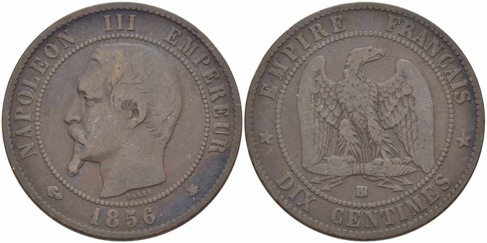 Франция 10 сантимов 1856 BB, Наполеон III (1852-1870) KM 771.3, Le Franc 133.34 бронза    4680-636