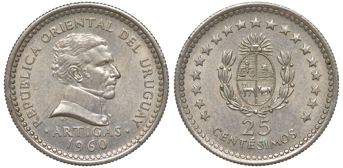 Уругвай 25 сентесимо 1960 KM 40 медно-никель 4532-235