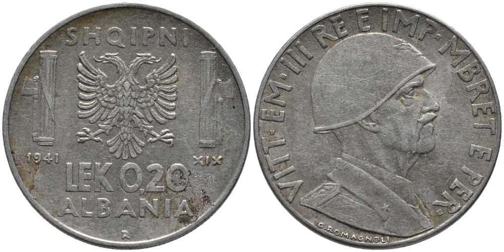 Албания 0,20 лека 1941 R, Итальянская оккупация KM 29 нержавеющая сталь 113-717