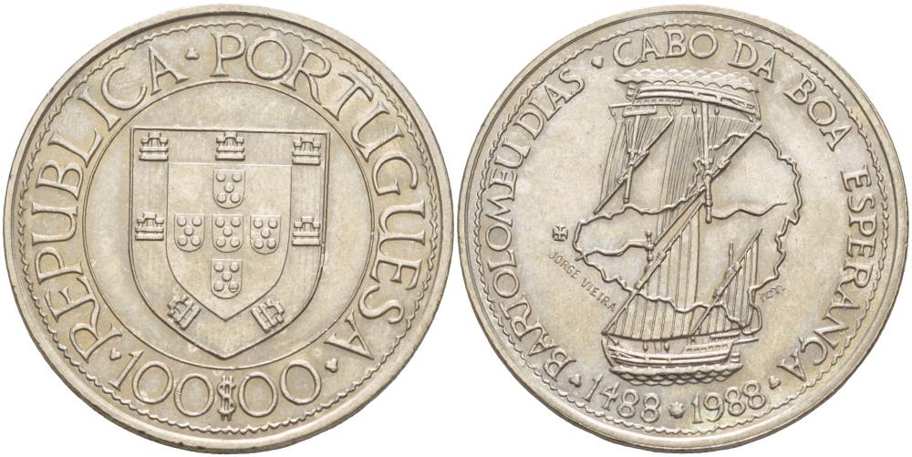 Португалия 100 эскудо 1988 серия золотой век португальских открытий, Бартоломеу Диаш KM 642 медно-никель UNC 4537-613