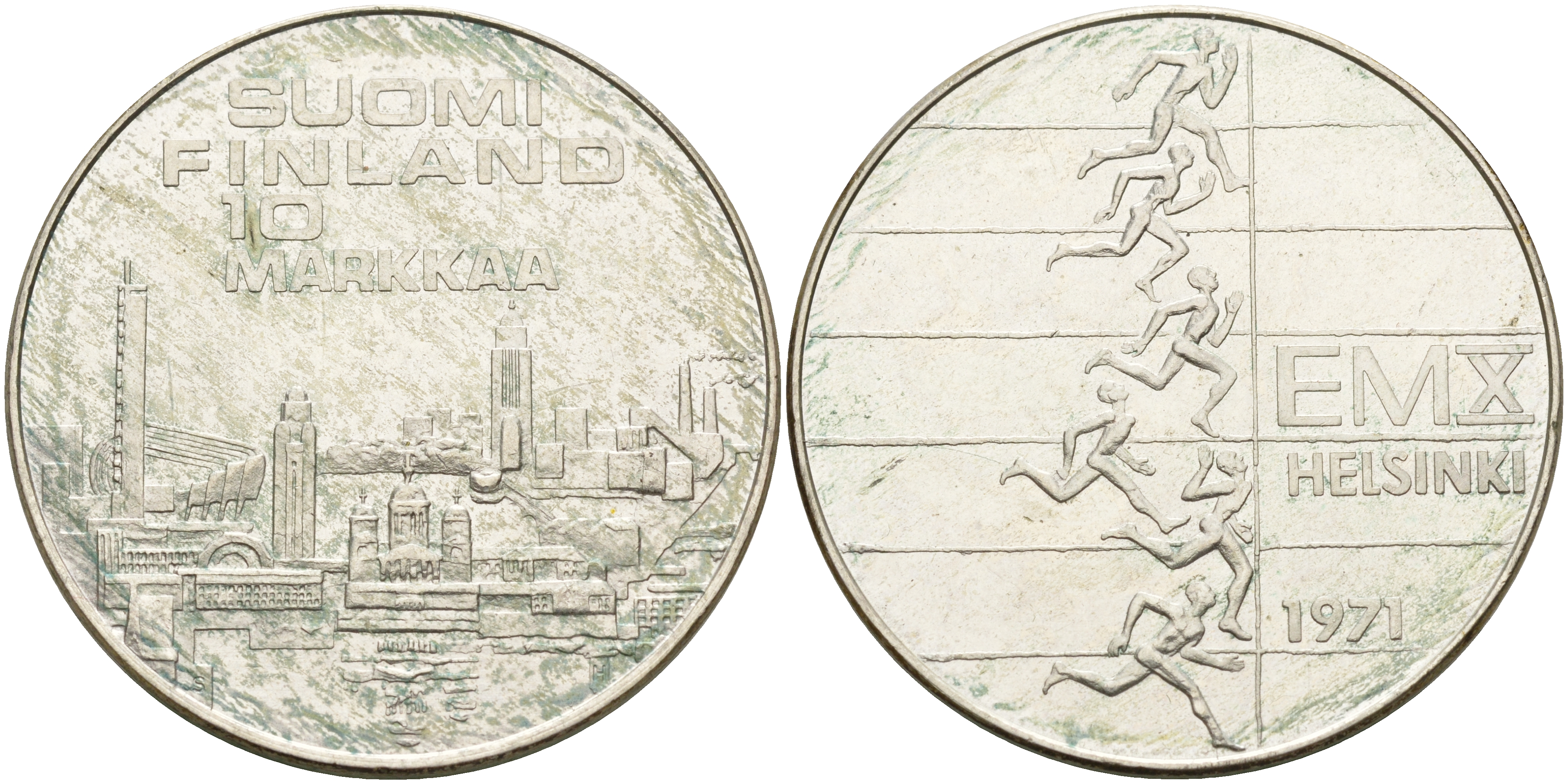 Финляндия 10 марок 1971 S-H, X Чемпионат Европы по легкой атлетике KM 52 серебро 4558-323