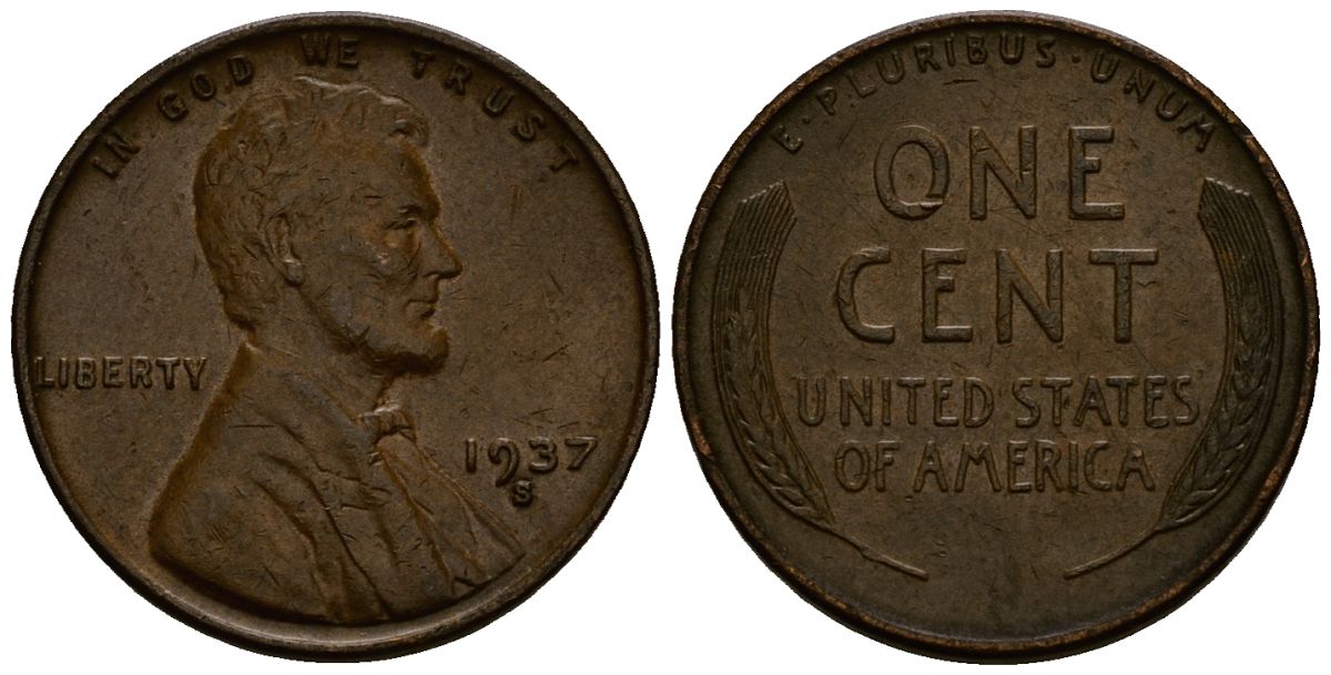США 1 цент 1937 Линкольн, S KM 132 бронза 4164-814